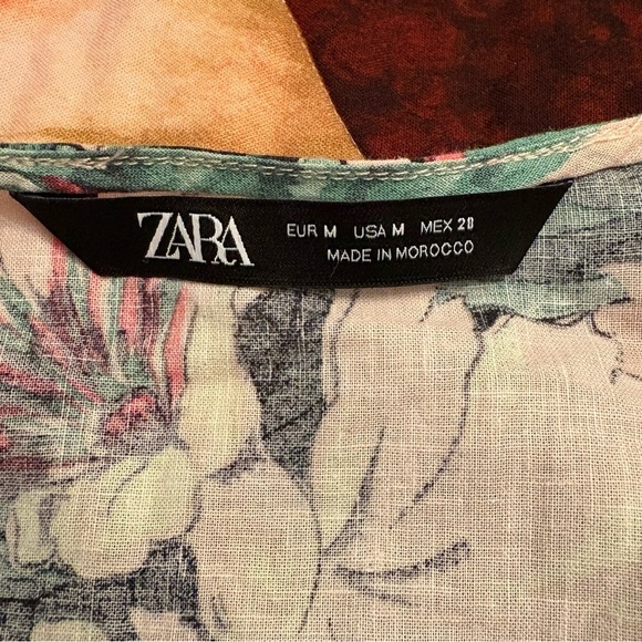Zara Linen wrap blouse puff sleeve pink tropical print - Picture 12 of 13